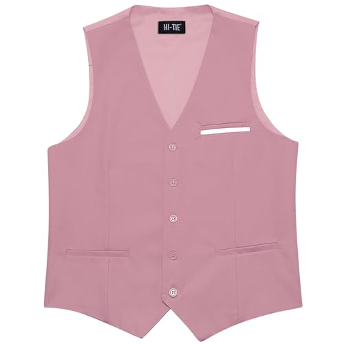 Image of Hi-Tie Men's Formal Suit Vest Solid Fit Vest for Men 3 Pockets V Neck Waistcoat Business Wedding Casual