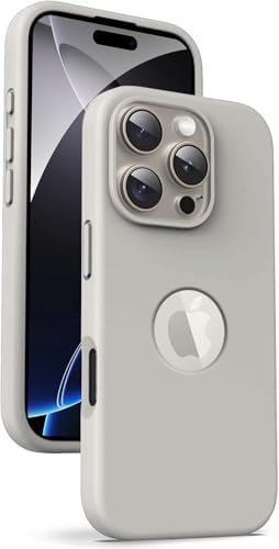 Image of Elzzi Microfiber Logo Cover Compatible for iPhone 16 Pro Max Case Liquid Silicone Cases Full Body 4 Layer Protective Covers Shockproof Back Cover (Pebble)