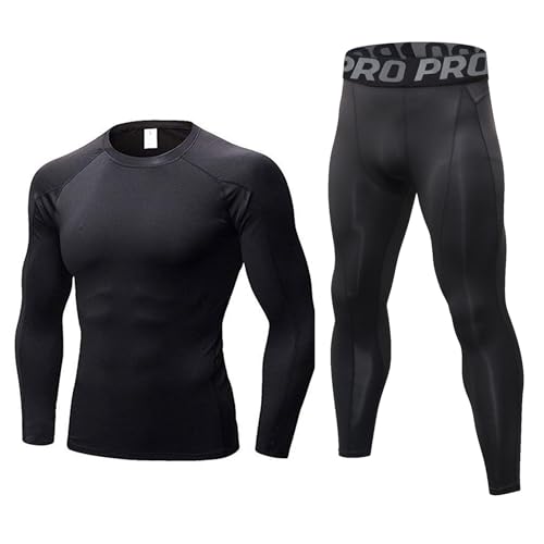 LANBAOSI Ensemble de sous-vêtements Thermique Homme Tee Shirt à Manche Longue & Leggings Set Hiver Ski Jogging Cycliste Gym Combinaisons de Sport Blk Line XL