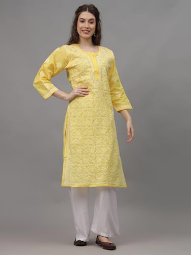 Image of Seva Chikan Hand Embroidered Lucknowi Chikankari Yellow Terivoil Cotton Kurta for Women SCL4520