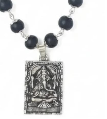 Image of Karungali Malai 8mm Certified with Sanctum Ganesha Pendant Silver Plated | 54 Beads Authentic Black Ebony Wood Mala with German Silver Cap | Spiritual Protection Chain for Men & Women