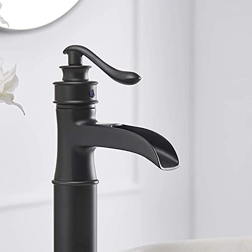 Bathfinesse Vessel Sink Faucet Black Bathroom Faucets Bath Waterfall Spout With Pop Up Drain Stopper Without Overflow Bowl Sink Faucet Farmhouse Vanity Matte Black Single Hole Supply Lines Lead-Free #TOP6