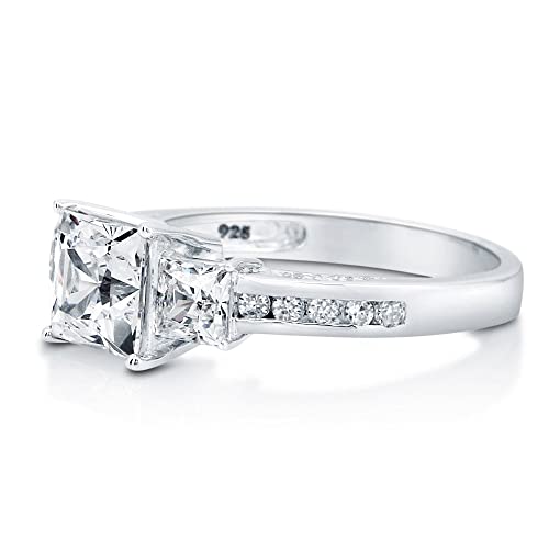 Zlaebl 2 3/5 Carat (Ctw) 3-Stone Princess Cut Moissanite Engagement Rings For Women Platinum Plated Silver Moissanite Rings (Available In Size 6, 7, 8, 9) #TOP2