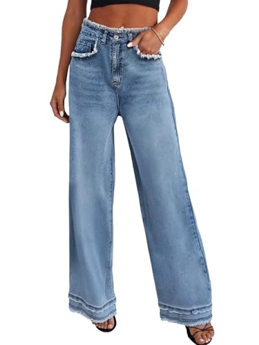 Women's Wide Leg Jeans Stretchy High Waisted Baggy Jeans for Woman 2025 Trendy Frayed Raw Hem Denim Pants