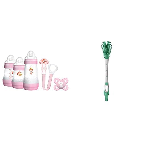 MAM Set de Recién Nacido Welcome to the World G102 - 3 Biberones Easy Start Anti-Colic, 1 Chupete Start y 1 Broche Clip 0+ meses, Rosa + Cepillo limpiabiberones y tetinas