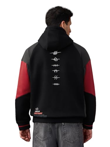 Image of The Souled Store Naruto Red Cloud Men and Boys Long Sleeve Hooded Neck Black Graphic Cotton Polyester Blend Oversized Fit Hoodie