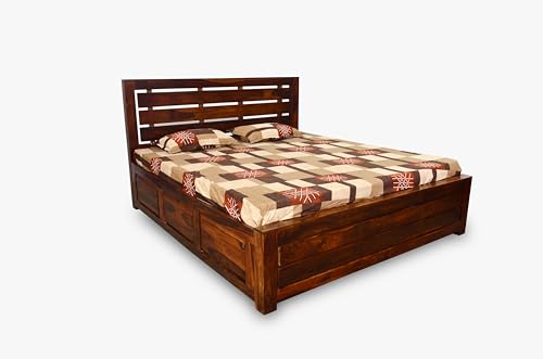 Image of SHISSO Furniture Solid Sheesham Wood Queen Size Bed with Storage|Wooden Box Bed Queen Size Double Cot Bed Palang with Storage Box for Home,Bedroom,Living Room,Hotel,Resort|Fanti Design,Natural Brown