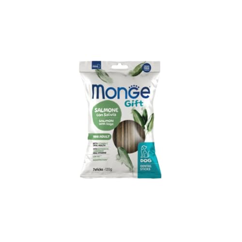 Monge Snack Cane Gift Dental Sticks, snack per cani adulti di tutte le taglie,gusto Salmone e Salvia,senza cereali | 3 confezioni da 120 grammi l’una.