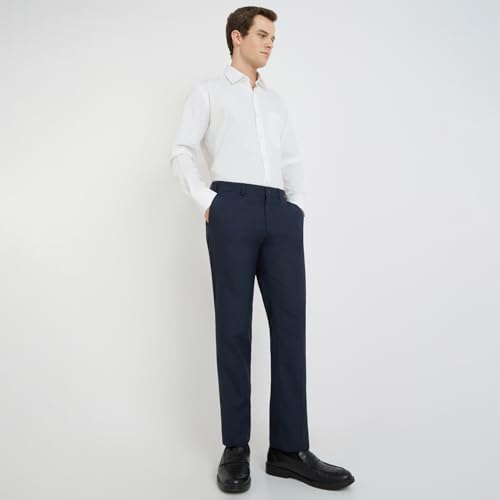 Image of Raymond Men's Slim Fit Mid Rise Solid Pattern Polyester Viscose Blend Flat Front Trouser