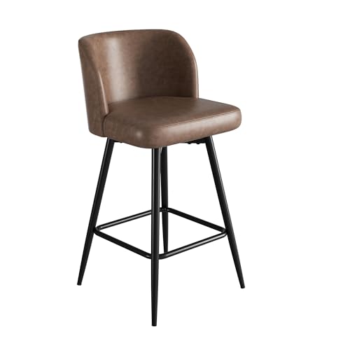Image of Swivel Bar Stools, 26 inch Counter Height Bar Stools with High Back and Metal Legs, Faux Leather Bar Chairs, Modern Barstools for Kitchen Island, Brown