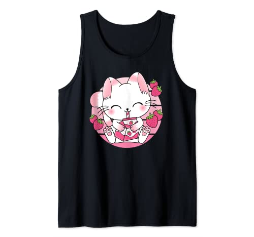 Carino Kawaii Gatto Giapponese Fragola Latte Anime Neko Otaku Canotta