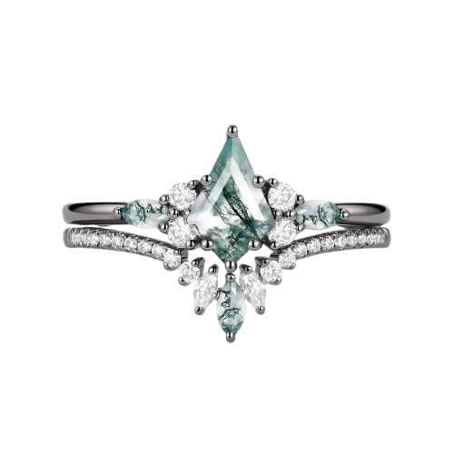 Moss Agate Ring for Women Customized 925 Sterling Silver/10K/14K/18K Gold Vintage Moss Agate Moissanite Engagement Wedding Set Ring Jewelry Gifts4