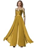 Elegant Women's Wedding Guest Evening Party Formal Jumpsuit Laces Appliques Mother of Groom Pantsuits Gold