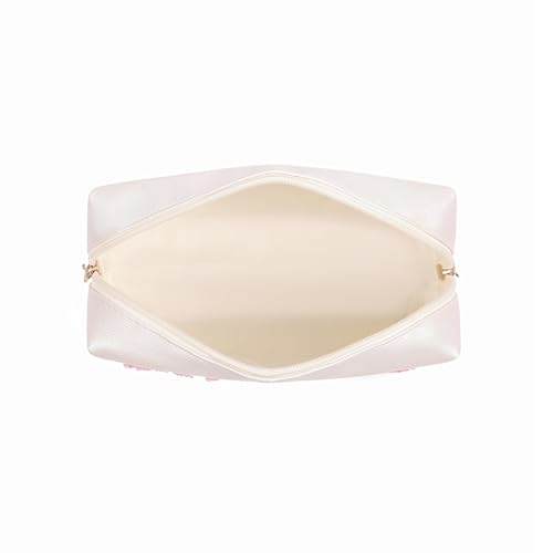 Cute Chenille Letter Patch Medicine Makeup Bag, PU Leather Waterproof MEDS Cosmetic Bag with Zipper, Travel Toiletry MEDS Pouch, Daily Use Portable Organizer Makeup Bag (01Beige Bag)3