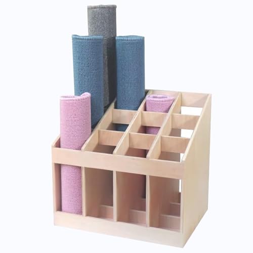 Wooden Yoga Mat Rack Holds 12 Yoga Mats, Floor Yoga Mat Holder - 4" Wide Square Slot, Home Gym Display Stand For Carpet Rug/Foot Pad/Towel