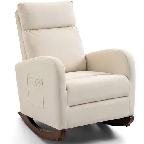 AVAWING Nursery Rocking Chair Upholstered Glider Chair with Solid Wood Legs Wooden Rocker Chair with Two Side Pockets High Back Chair for Living Room Bedroom Beige