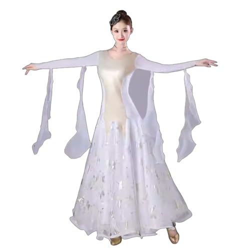 purpleq Vestido de Baile de Salón para Mujer, Vals, Tango, Estándar, Concurso, Moderno, Mariposa Dorada, Falda Completa,Blanca,M
