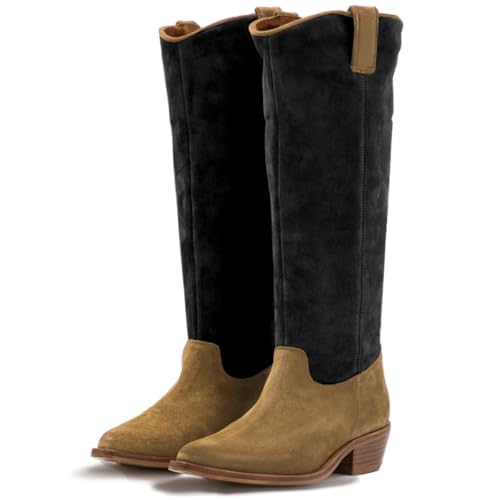 Women Slouch Western Knee High Boots Low Chunky Stacked Heel Square-Pointed Toe Suede Tall Cowboy Boots Wide Calf Two-Toned Pull On Long Combat Boot Comfort Vintage Fall Winter 4-11 M US - Main Image