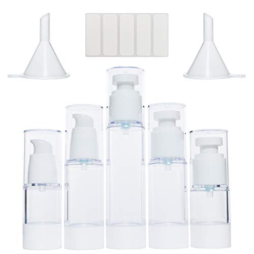 Spray Bottle, Travel Bottles Set 5 Pack - Vacuum Lotion Bottles & Fine Mist Spray Bottles with Funnels & Labels - Leak Proof, Refillable & Tasteless - Perfect for Lotion, Essence, Perfume
