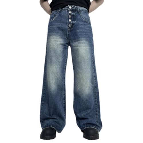 Mens Mid Rise Button Vintage Casual Wide Leg Baggy Embroidery Washed Jeans with Pockets
