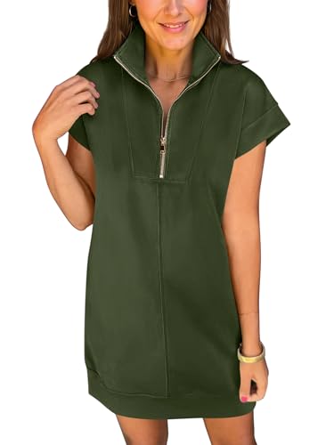 Image of ANRABESS Womens Summer Casual Half Zip Cap Sleeve Trendy Wrinkle-Free Tshirt Dress 2026 Spring Beach Vacation Short Dresses