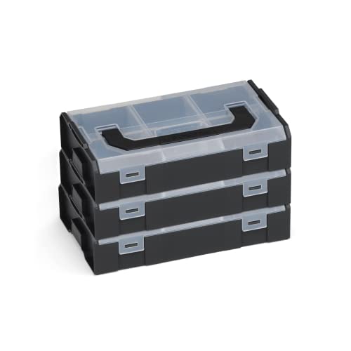L-BOXX Sortimo L-BOXX mini Aufbewahrungsbox schwarz Deckel transparent 3 Stück im Set |Mini-Werkzeugkoffer |Sortimentskasten Schrauben und Dübel | Erstklassige Sortierboxen für Kleinteile