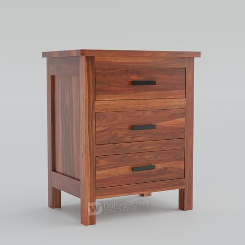 Image of DRIFTINGWOOD Roovi Solid Sheesham Wood Bedside Table with 3 Drawers | Wooden Nightstand /Side Table for Bedroom & Living Room (Honey Finish)