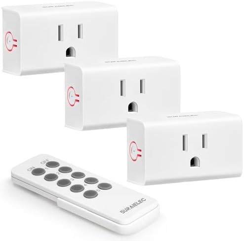 SURAIELEC Remote Control Outlet, Wireless Light Switch - 3 Outlets + 1 Remote, 15 AMP, 100FT Range, No Interference, Remote Light Switch Kit for Lamp, Fan, Christmas Tree Light, Household Appliance