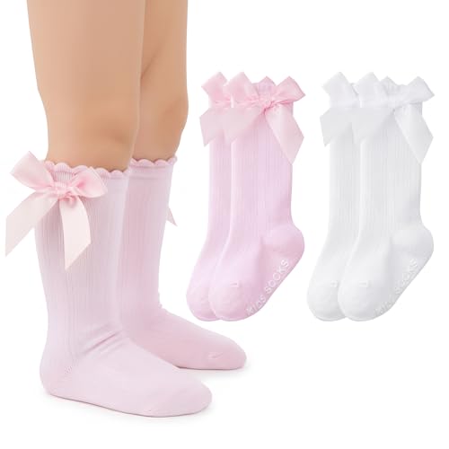 Topbuti 2 Pairs Baby Girls Knee High Socks Non Slip Toddler Girl Long Cotton Tube Stockings Bow Ruffles Infant Dress Socks (US, Age, 0 Months, 12 Months, White/Pink)