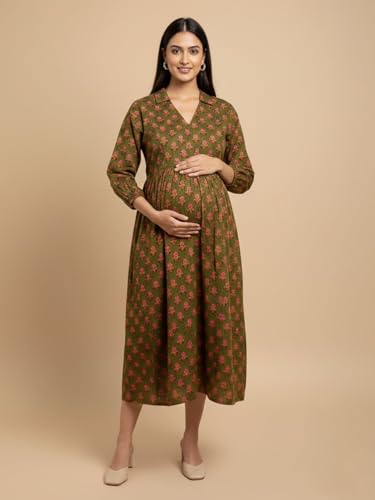 Image of The Mom Store Maternity and Nursing Dress | Pre and Post Pregnancy Dress for Womens | Zipper /Button Opening | Causal Wear | Trendy Stylish Causal Dresses for New Moms