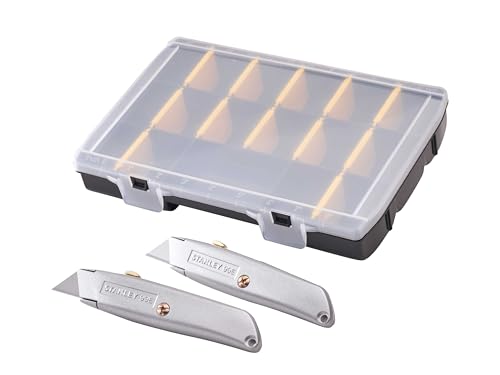 Stanley 99E Trimming Knife Twin Pack with 50 Spare Blades in Organiser, Made from Grey Painted die-cast Metal Body, which is ergonomically Shaped for a Good, Comfortable Grip.