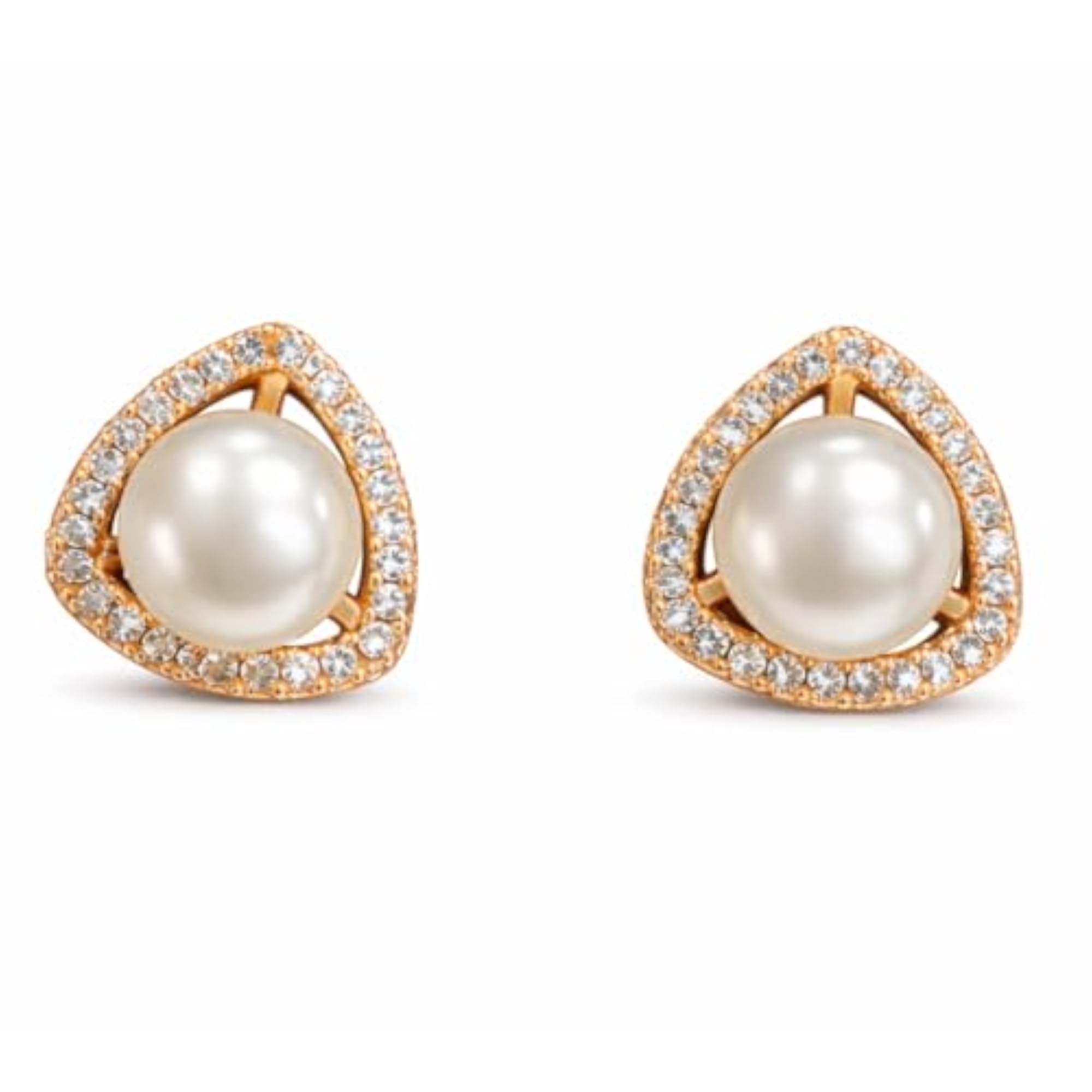 Women's Rose Gold Plated Triangular Pearl Stud Earrings, Elegant
