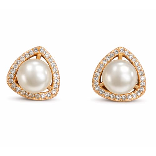 Image of Nilu's Collection Rose Gold Plated Triangular Design Pearl Stud Earrings With American Diamond for Women And Girls | Gift For Her | Anti- Allergy |Anti-Tarnish | Office Wear