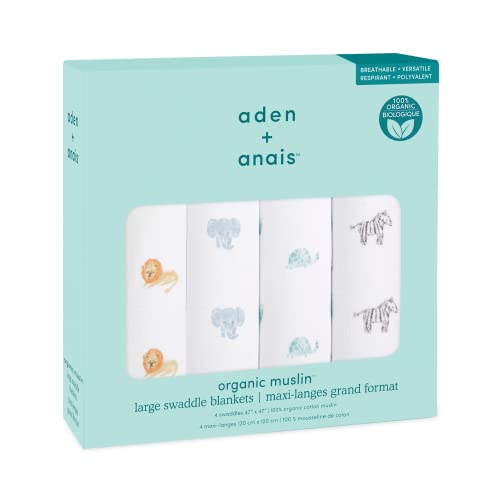 Image of aden + anais Boutique Organic Swaddle Blanket 4-Pack - 100% Organic Cotton Muslin, Large, Soft, Breathable Receiving Blankets for Infants - Lightweight Multi-Use Baby Swaddles, Animal Kingdom
