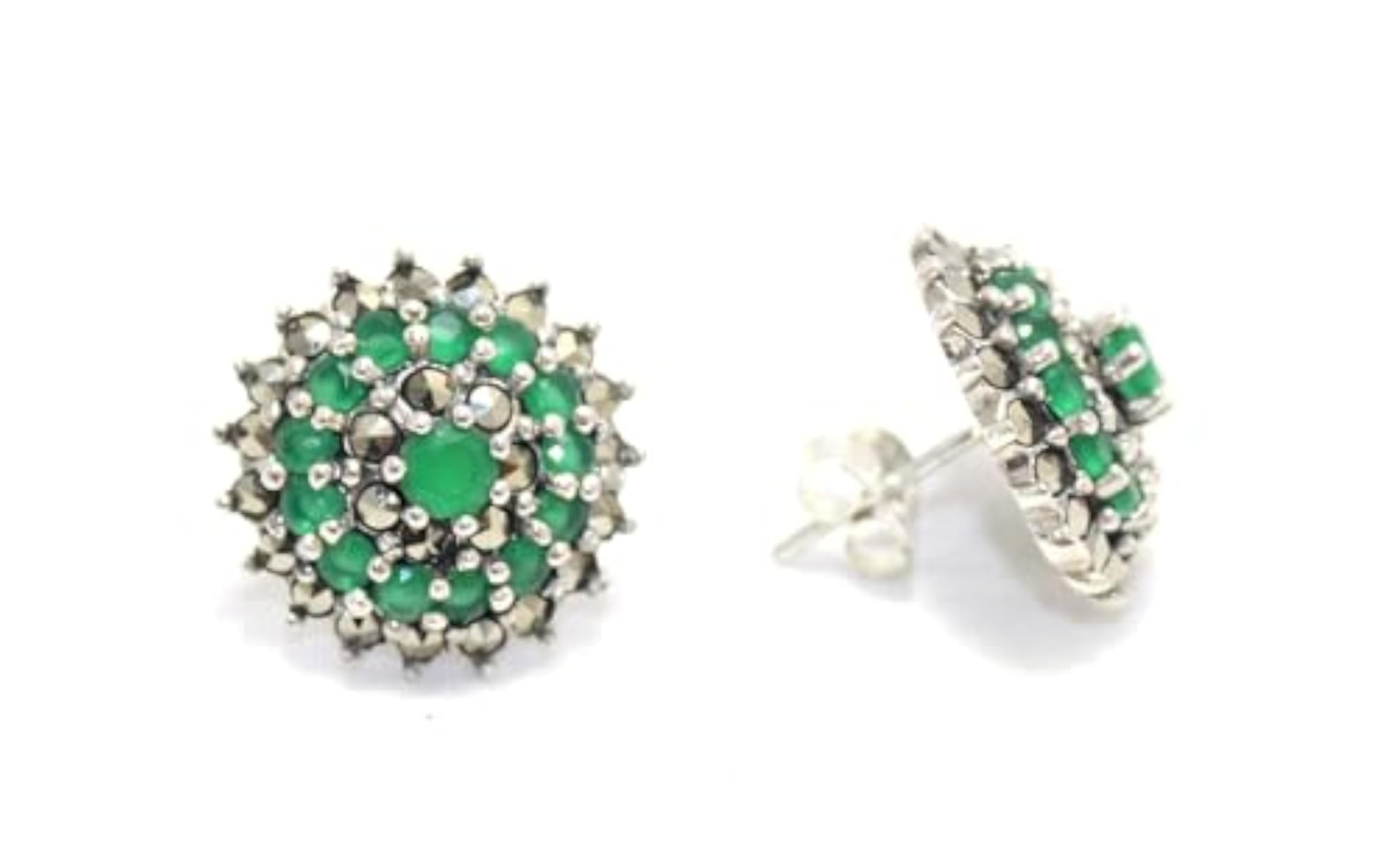 Women's 925 Sterling Silver Stud Earrings with Marcasite & Onyx