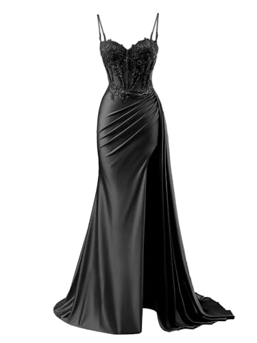 POMUYOO Spaghetti Strap Satin Prom Dresses with Sllit Lace Appliques Long Mermaid Evening Gown