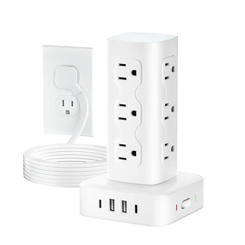 Power Strip Tower Surge Protector(2000J) Flat Plug Charging Station Tower with 12 AC Outlets & 4 USB Ports(2 USB C) 6FT Extension Cord for Home Office Dorm White