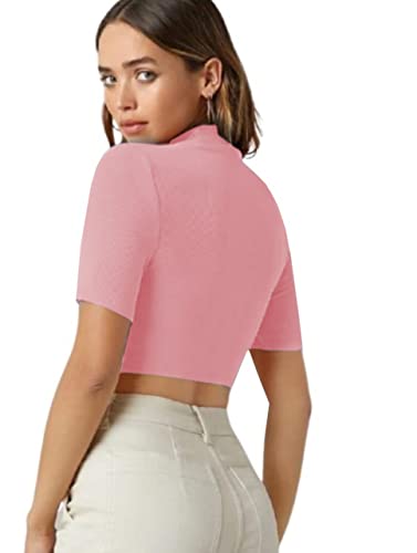 Image of Dream Beauty Fashion Women's Combo Casual High Neck Short Sleeves Stylish Crop Top - Pack of 2-17 inch inches