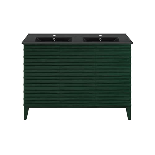 Image of Swiss Madison Cascade 48 inch Freestanding Bathroom Vanity in Green Oak with Black Double Basin Sink Top