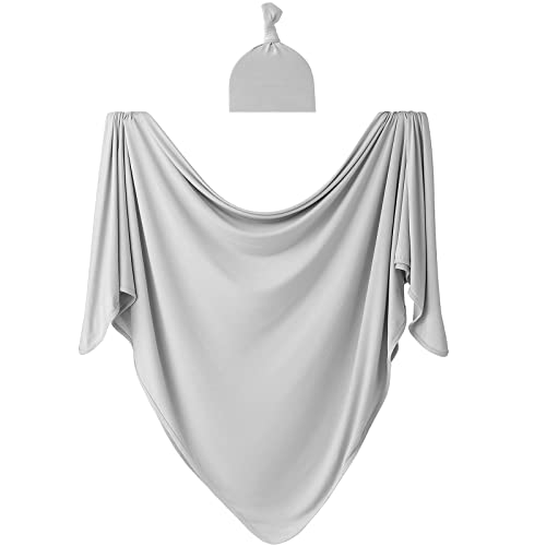 Image of Bayceen Large Rayon Jersey Knitted Swaddle Blanket for Baby, Soft Stretchy Receiving Blanket for Newborns with Hat, Large 47 x 47 inches (Gray)
