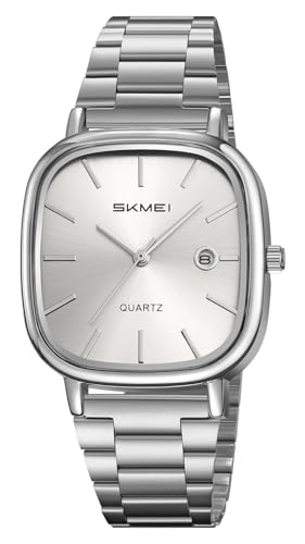 Gosasa Men’s Minimalist Square Quartz Watch Fashion Business Casual Analog Wristwatch Waterproof Stainless Steel Band with Date Display (Silver)