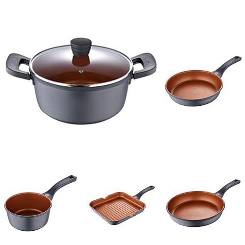 Pack SAN IGNACIO Bronze: Cacerola 24 cm, Sartenes 20 cm, 28 cm y Grill 28x28 cm, Cazo 16 cm | Antiadherente, Aluminio Fundido, Mangos Soft Touch | Distribución Eficiente del Calor