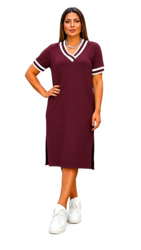 Image of Women's V-Neck Sporty T-Shirt Dress | Stylish Striped Sleeve One Piece for Women | Casual Summer Knee Length Short Dress | Trendy Beach & Resort Wear Western Dress (26 D-1-3)
