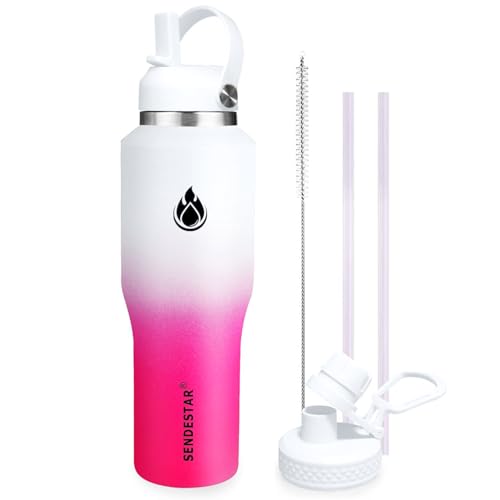 Image of SENDESTAR 32oz Water Bottle Wide Mouth Stainless Steel Vacuum Insulated Double Wall with 2 Straw Lids Fit in Any Car Cup Holder TXIN-32-WP-1