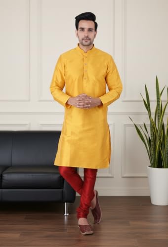 Image of Sadree Men's Silk Blend Mandrin Collor Full Sleeve Knee Length Indian Kurta Chudidar Pyjama Set
