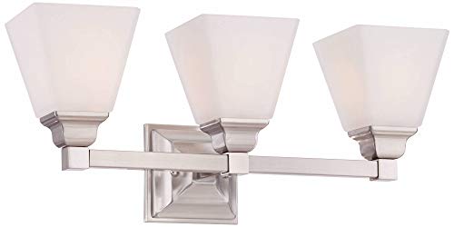 Image of Mencino 20 inch Wide Nickel and Opal Glass Bath Wall Mount 3-Light Fixture | Satin Silver Metal Hardwired Etched White Shade for Bathroom Vanity Mirror House Home Room Decor