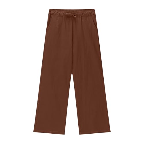 Moonker Girls Linen Straight Wide Leg Pants Solid Color High Elastic Waist Trousers with Pockets Baggy Summer 83
