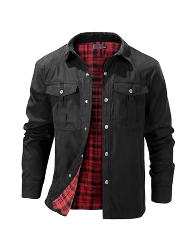 Eisctnd Men's Flannel Lined Shacket Lightweight Warm Snap Western Plaid Shirt Jacket for Outdoor Cowboy Casual Work