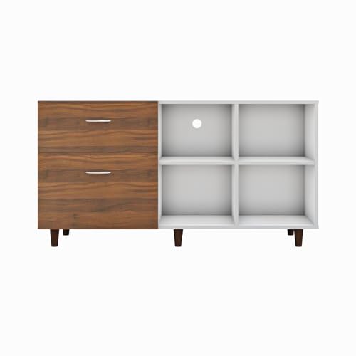 Image of VIKI Modern TV Unit for Living Room | Engineered Wood TV Cabinet with 2 Drawer Storage & 2 Open Shelves, Entertainment Unit, 140W x 74H x 40D cm | DIY | 1 Year Warranty (White & Walnut)