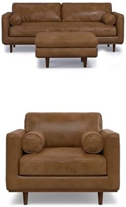 SIMPLIHOME Morrison Sofa & Accent Chair Bundle – 89-Inch Mid-Century Modern Leather Sofa with Ottoman and 43-Inch Leather Armchair with Solid Wood Frame & 2 Bolster Pillows in Caramel Brown